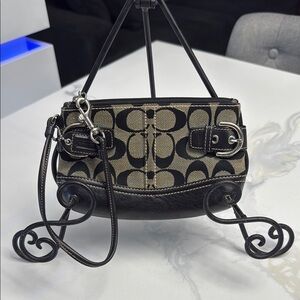 Coach Black and Tan wristlet with leather features hangtag Signature Design EUC